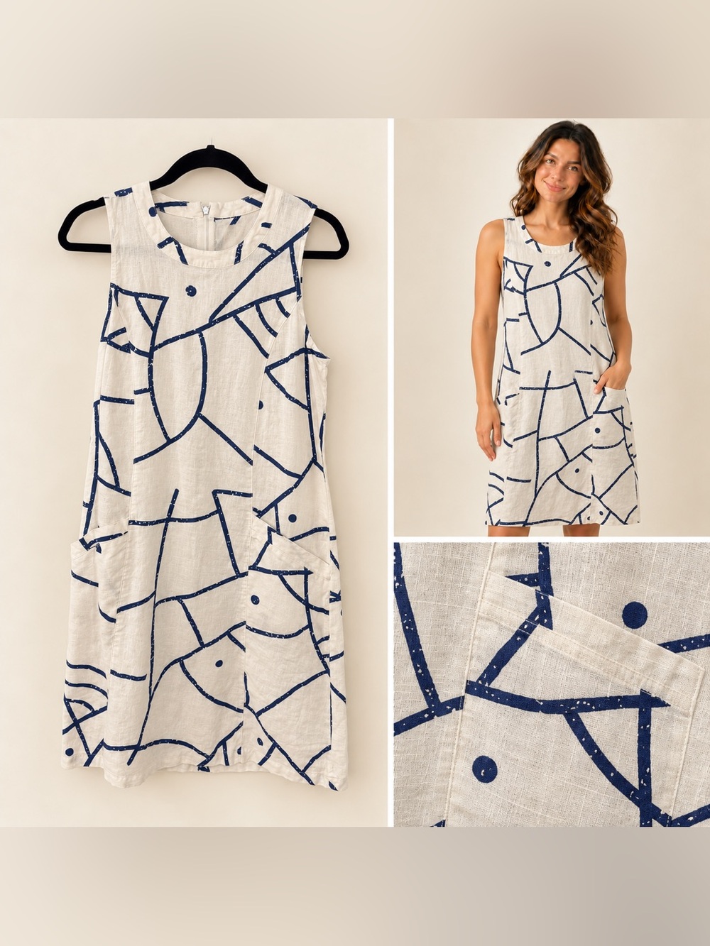 Sleeveless Navy Geometric Linen Dress